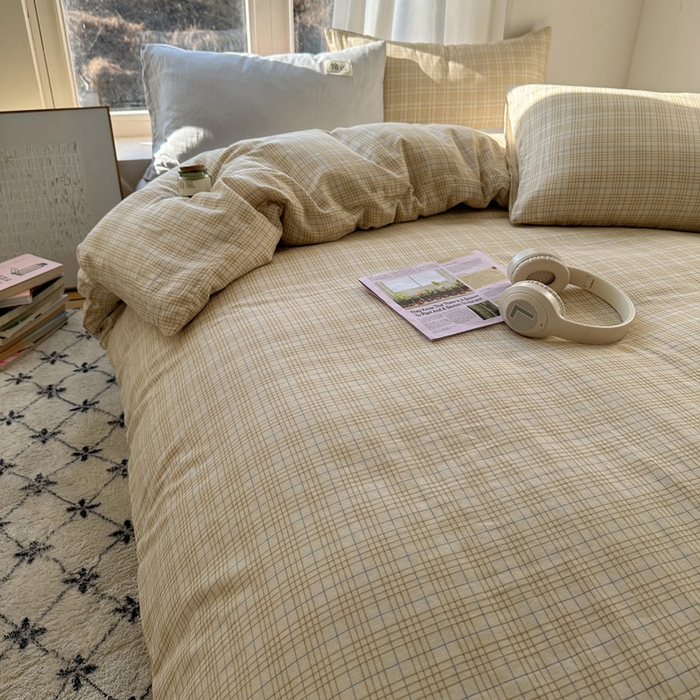 91家纺网 家纺一手货源 找家纺 三朵家纺 2025新款全棉双层纱混搭四件套 沐光-咖