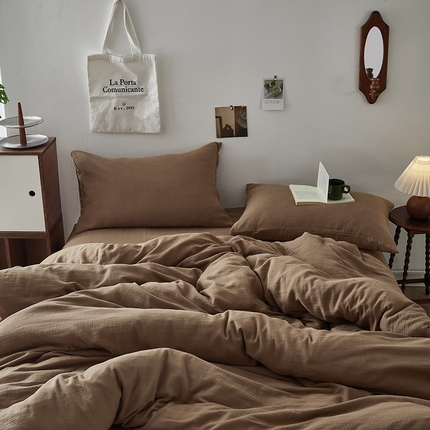 水洗的故事 2025新款全棉A类皱皱纱纯色混搭四件套 摩卡