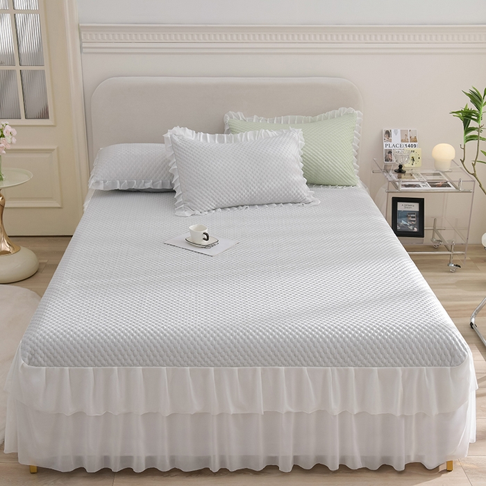 91家纺网 家纺一手货源 找家纺 赛丽雅 2025爆款A类凉感豆豆凉席三件套床裙款冰丝软席子床笠款凉席 浅灰