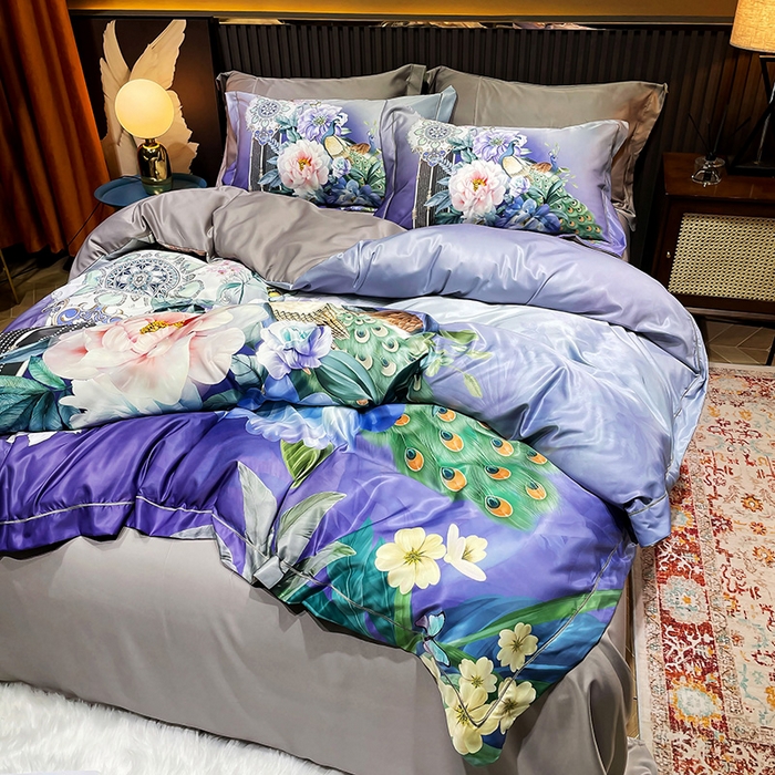 91家纺网 家纺一手货源 找家纺 梵克保罗 2025春夏新款天丝数码大版印花四件套 华尔兹-紫