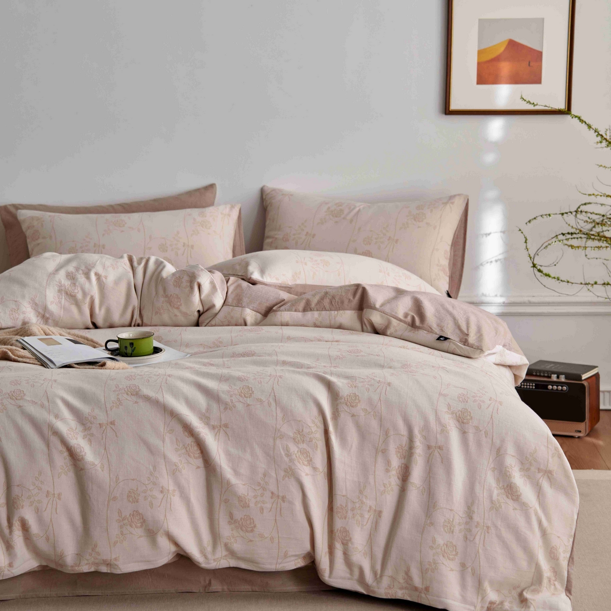 91家纺网 家纺一手货源 找家纺 安莱生活 2025新款60s双层纱色织大提花枝上玫瑰四件套系列 枝上玫瑰-卡其