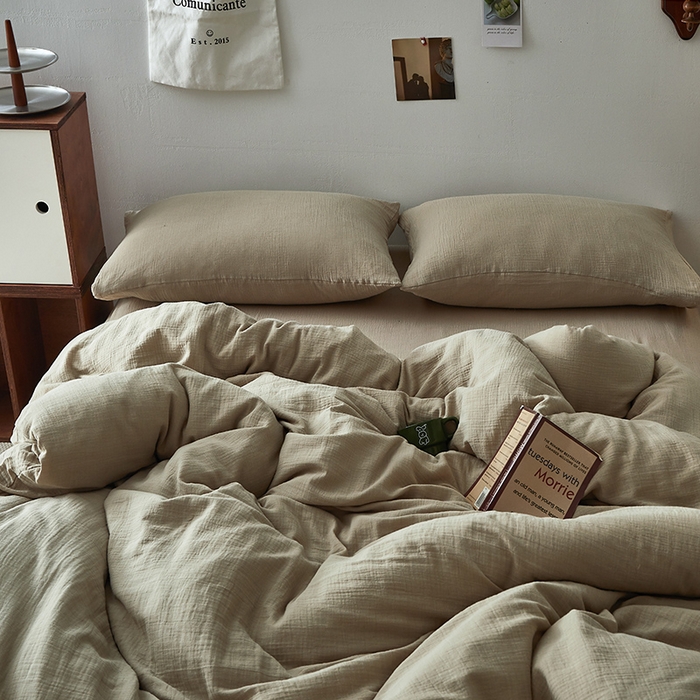 91家纺网 家纺一手货源 找家纺 水洗的故事 2025新款全棉A类皱皱纱纯色混搭四件套 米茶