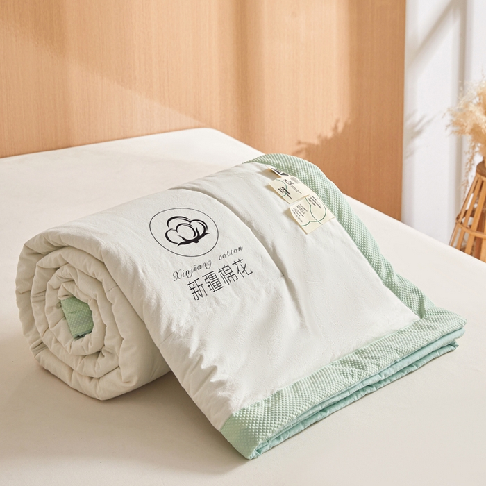 91家纺网 家纺一手货源 找家纺 熙宴家纺 2025新款水洗棉100%新疆棉花夏被-棉白 棉白+绿