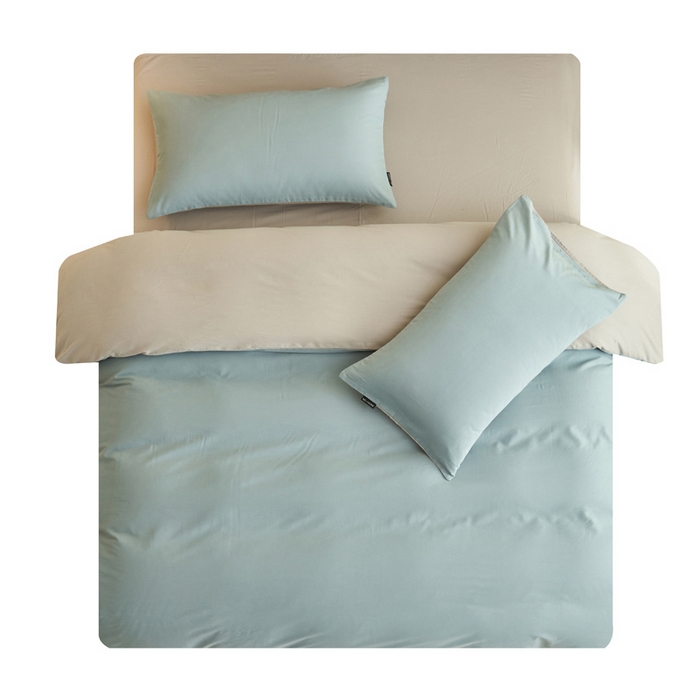 91家纺网 家纺一手货源 找家纺 2025新款全棉13372水洗棉双拼四件套（影棚亮光） 安然蓝+毛毯灰