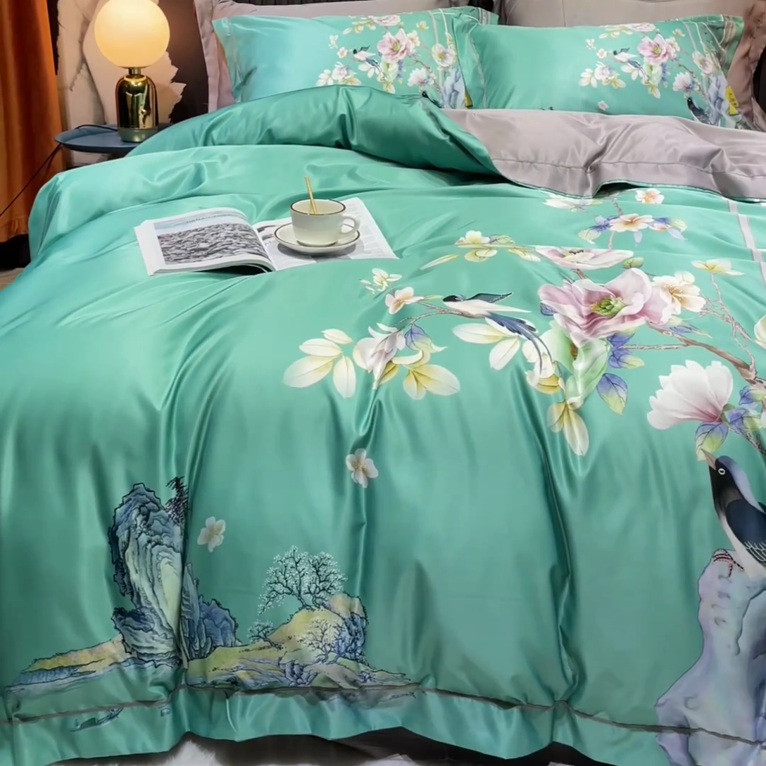 91家纺网 家纺一手货源 找家纺 梵克保罗 2025春夏新款天丝数码大版印花四件套 奥洛琳-绿