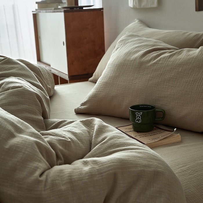 91家纺网 家纺一手货源 找家纺 水洗的故事 2025新款全棉A类皱皱纱纯色混搭四件套 米茶