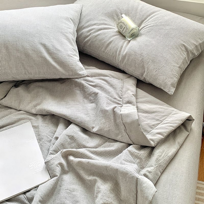 91家纺网 家纺一手货源 找家纺 水洗的故事 2025新款全棉色织水洗棉夏被&四件套 密条灰