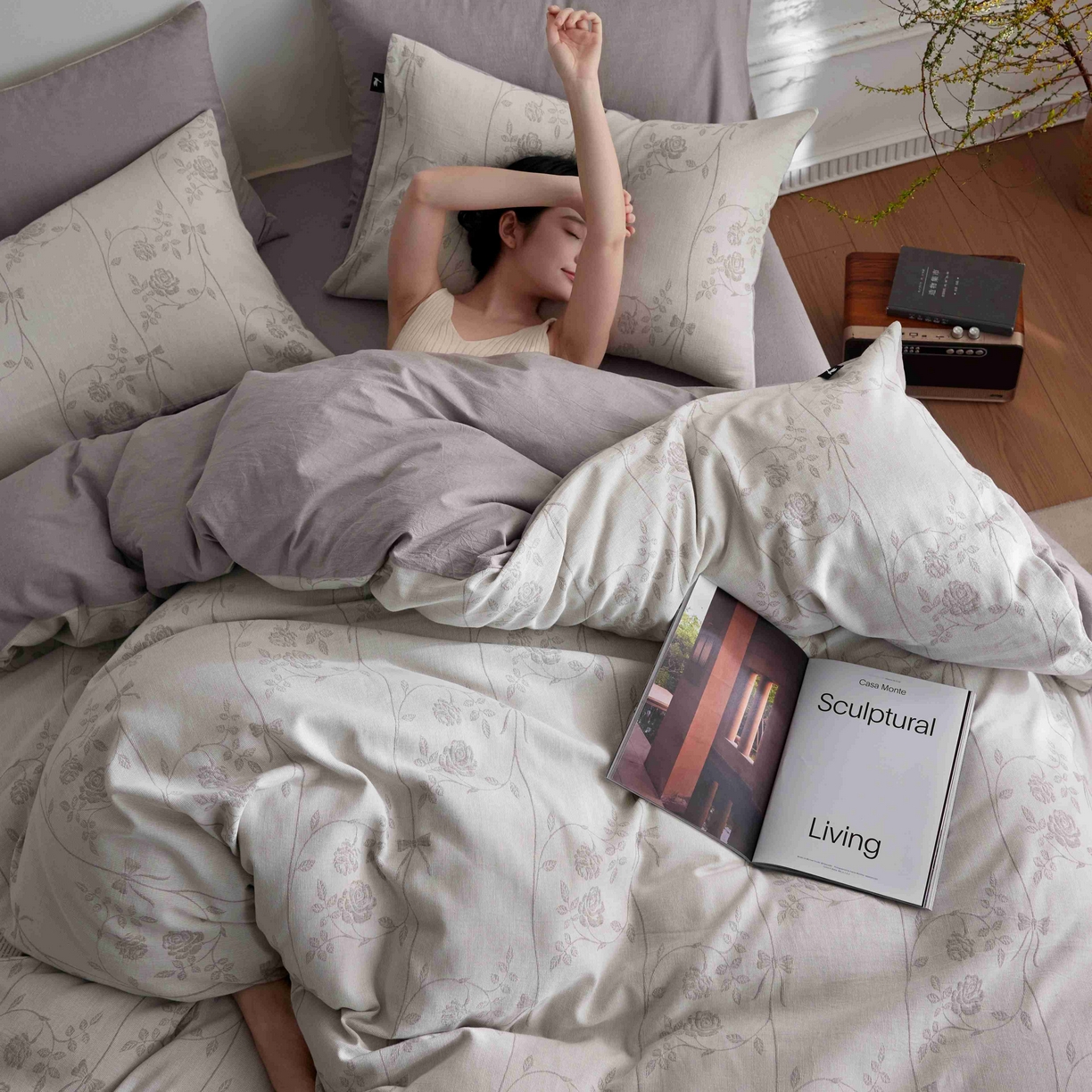 91家纺网 家纺一手货源 找家纺 安莱生活 2025新款60s双层纱色织大提花枝上玫瑰四件套系列 枝上玫瑰-银灰