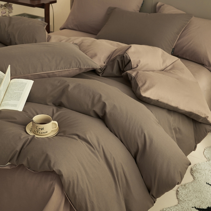 91家纺网 家纺一手货源 找家纺 2025新款全棉13372水洗棉双拼四件套（影棚暗光） 40暖木棕+拾柴