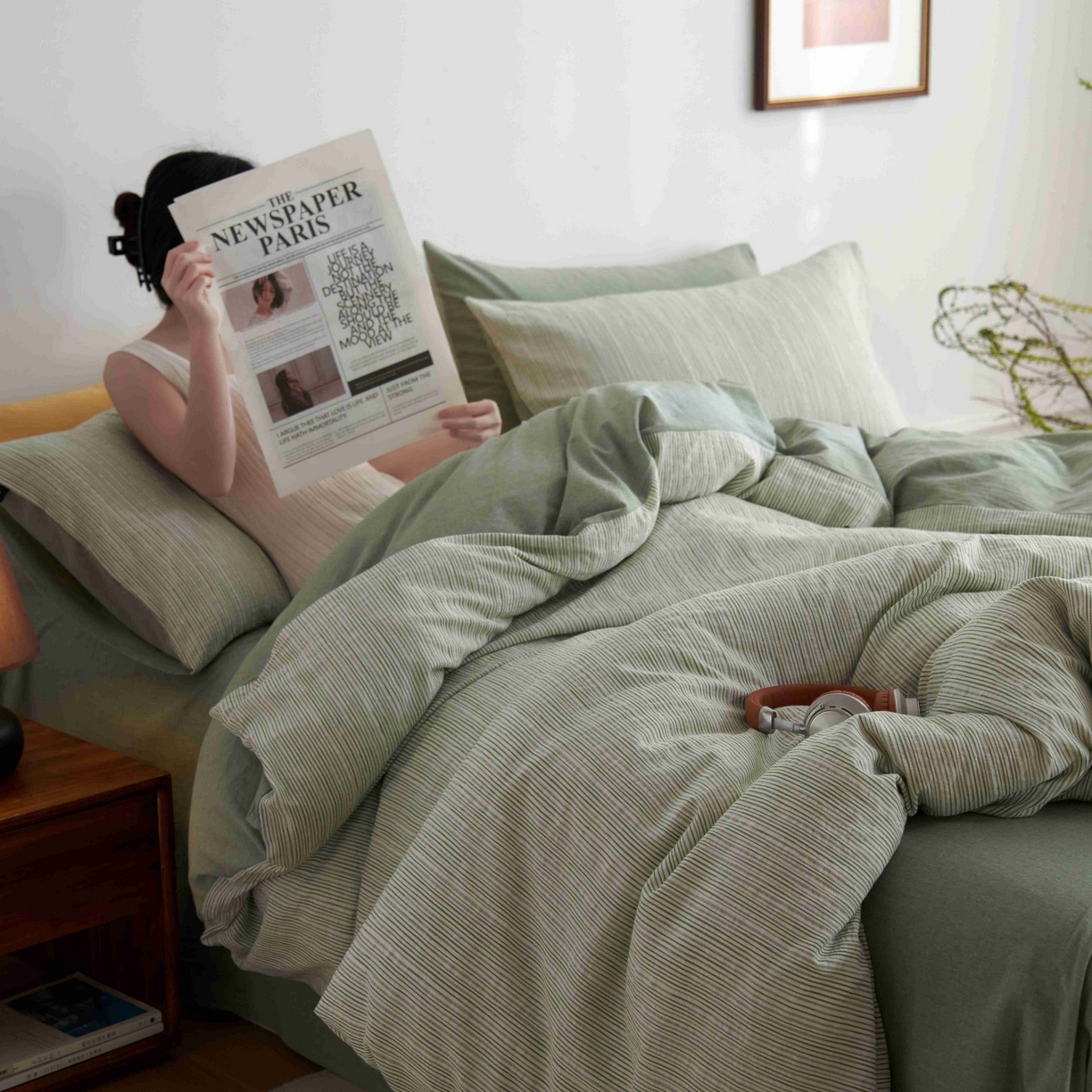 91家纺网 家纺一手货源 找家纺 安莱生活 2025新款60s色织大提花秘境条纹四件套系列 绿白混条