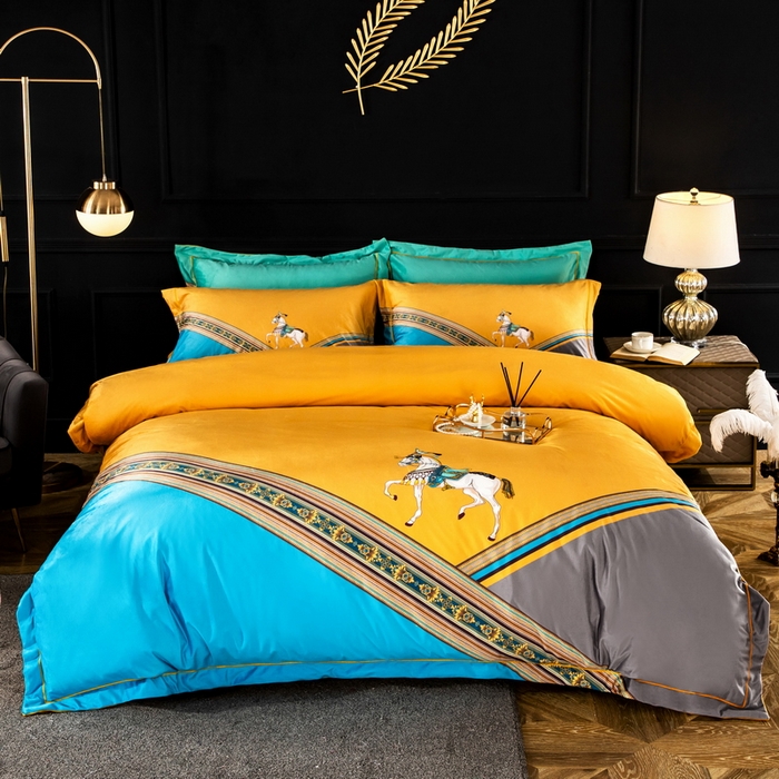 91家纺网 家纺一手货源 找家纺 梵克保罗 2025春夏新款天丝数码大版印花四件套 爱玛-黄