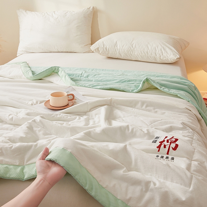 91家纺网 家纺一手货源 找家纺 熙宴家纺 2025新款水洗棉100%新疆棉花夏被-月光白 月光白+绿