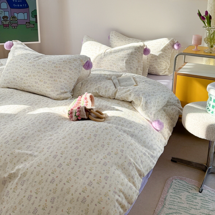 91家纺网 家纺一手货源 找家纺 金爱家 2025新款亲肤舒适纯棉双层纱四件套 双层纱-紫碎花小兔