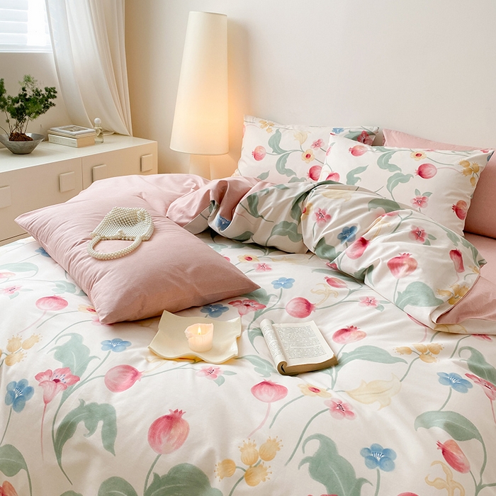 91家纺网 家纺一手货源 找家纺 宜家坊 2025开春新品全棉喷气13070小清新印花纯棉全棉四件套-风格一 时留