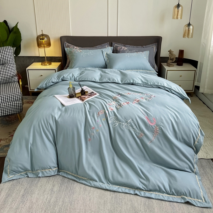 91家纺网 家纺一手货源 找家纺 梵克保罗 2025新款直播热卖长绒棉刺绣花边四件套-莉薇系列 莉薇-梵星绿