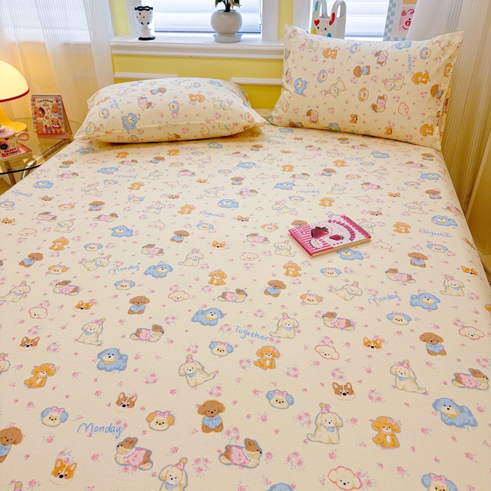 91家纺网 家纺一手货源 找家纺 吉象家纺 2025新款高支密全棉印花单品系列-单床笠 狗狗家族