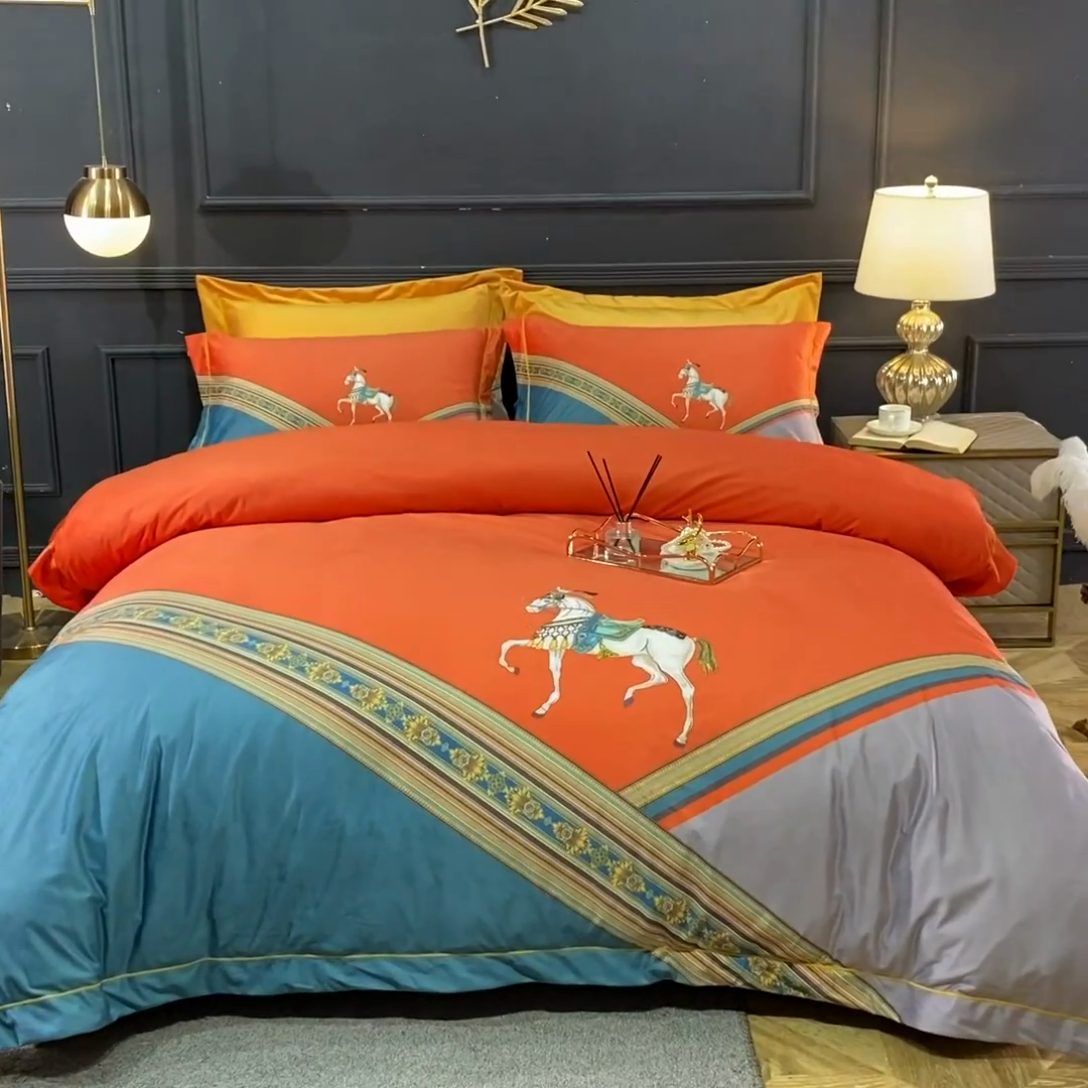 91家纺网 家纺一手货源 找家纺 梵克保罗 2025春夏新款天丝数码大版印花四件套 爱玛-橘