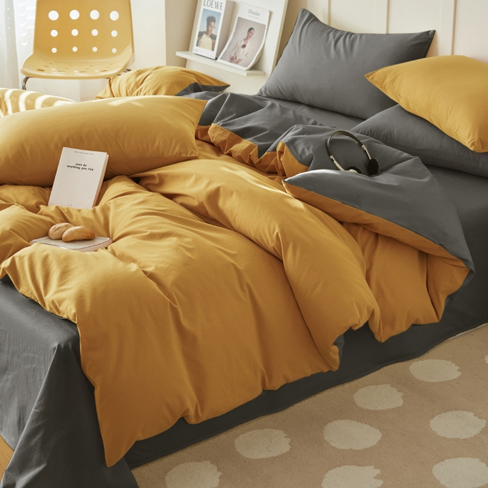 91家纺网 家纺一手货源 找家纺 2025新款全棉13372水洗棉双拼四件套（自然光） 暗木幽香+宝藏灰