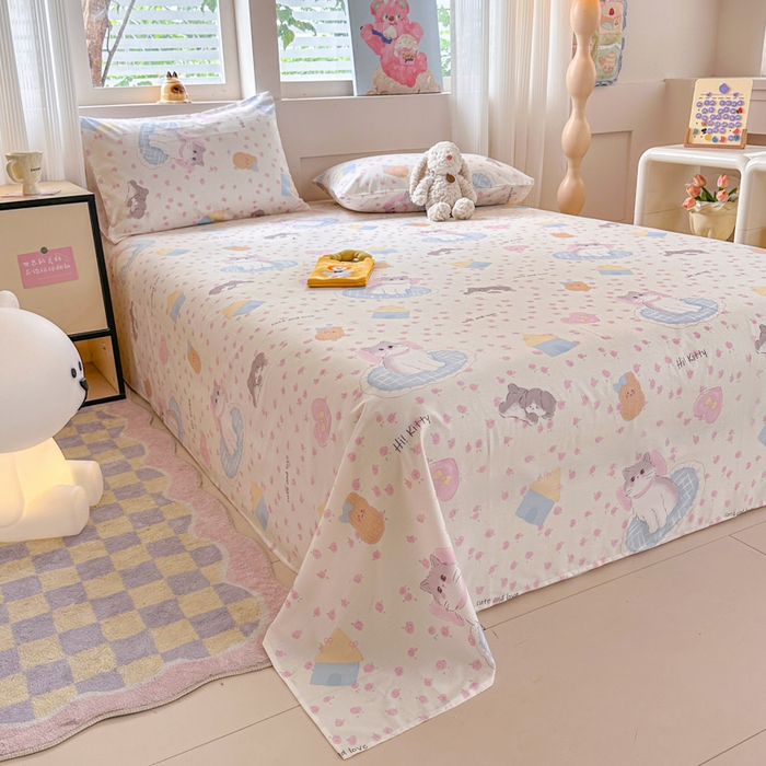 91家纺网 家纺一手货源 找家纺 吉象家纺 2025新款高支密全棉印花单品系列-单床单 喵喵聚会