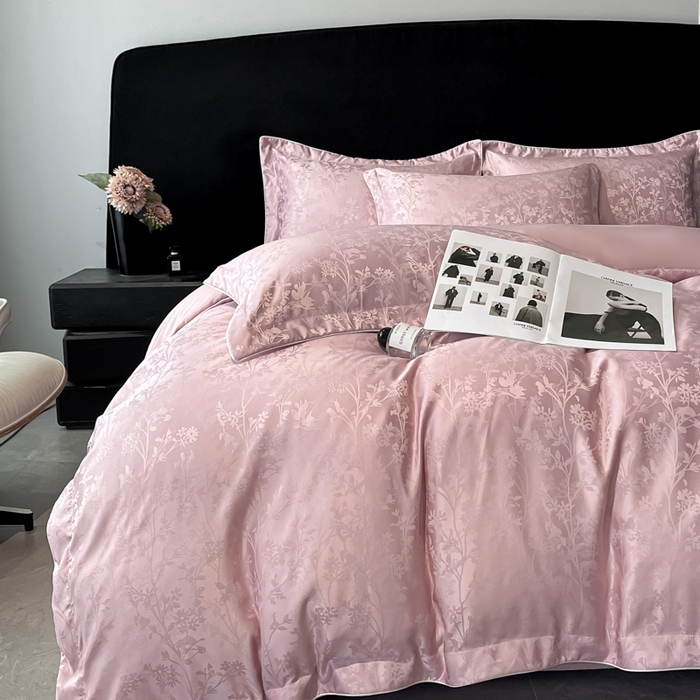 91家纺网 家纺一手货源 找家纺 米彩家纺 2025新款A类水洗真丝天丝提花四件套 花月梦豆沙