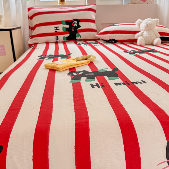 91家纺网 家纺一手货源 找家纺 吉象家纺 2025新款高支密全棉印花单品系列-单床单 红线条小黑猫