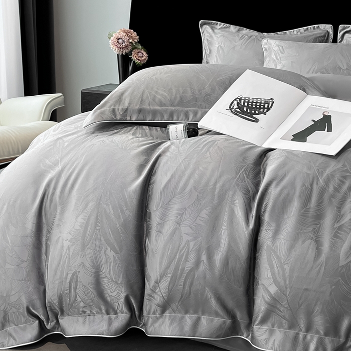 91家纺网 家纺一手货源 找家纺 米彩家纺 2025新款A类水洗真丝天丝提花四件套 一叶深情高级灰