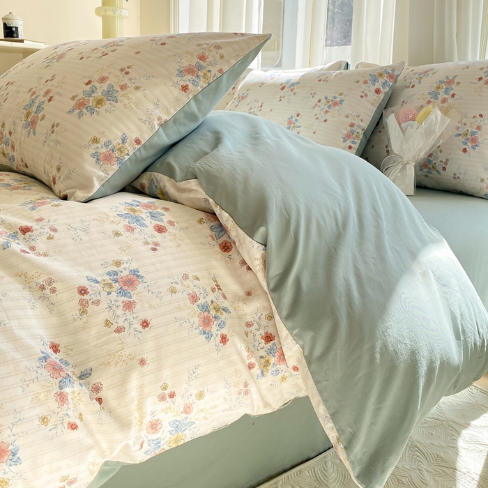 91家纺网 家纺一手货源 找家纺 宜家坊 2025早春新品全棉纯棉喷气13070小清新印花纯棉四件套-风格二 淡雅花影