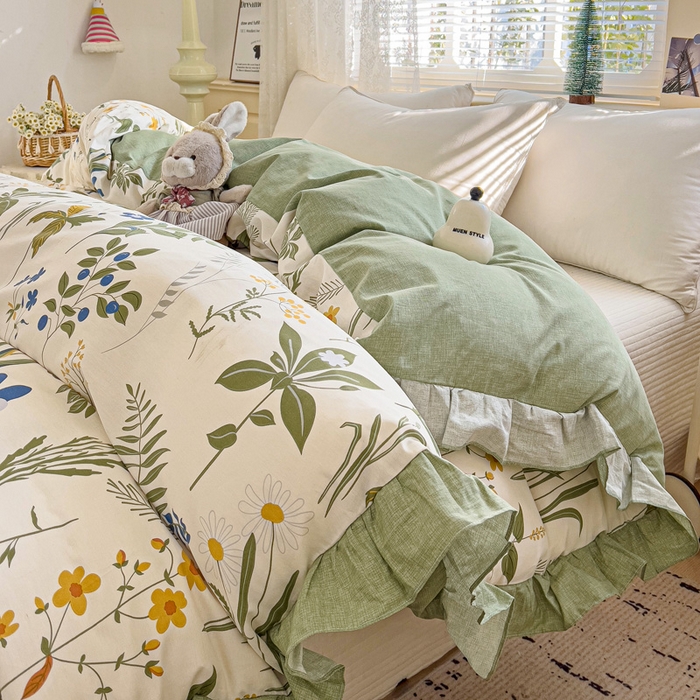 91家纺网 家纺一手货源 找家纺 忆生活家纺 2025新款韩版全棉花边款-单被套系列 桑梓绿