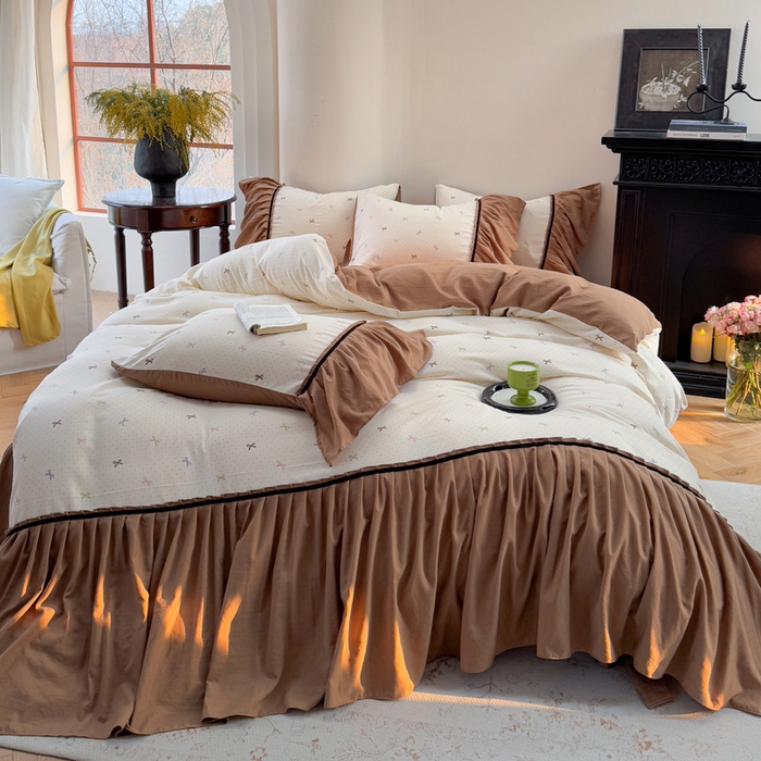 91家纺网 家纺一手货源 找家纺 沐慕 2025新款法式针织双层纱印花系列四件套 蝴蝶结