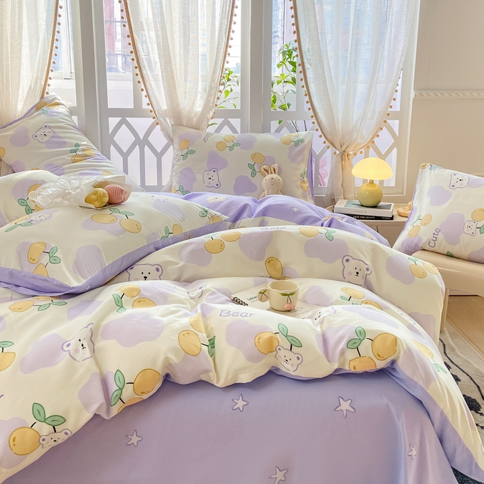 91家纺网 家纺一手货源 找家纺 宜家坊 2025早春新品全棉纯棉喷气13070小清新印花纯棉四件套-风格二 熊噜噜爱果子