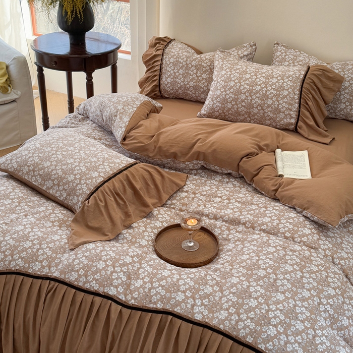 91家纺网 家纺一手货源 找家纺 沐慕 2025新款法式针织双层纱印花系列四件套 椿山集 咖