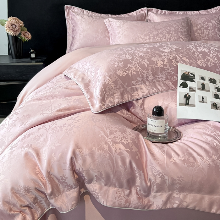 91家纺网 家纺一手货源 找家纺 米彩家纺 2025新款A类水洗真丝天丝提花四件套 花月梦豆沙