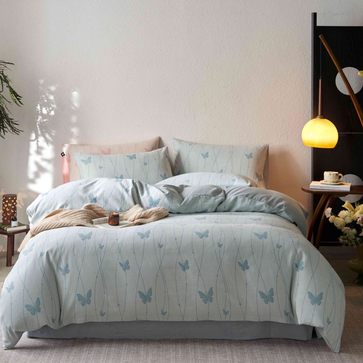 91家纺网 家纺一手货源 找家纺 安莱生活 2025新款60s双层纱色织大提花蝶舞翩翩四件套系列 蝶舞翩翩-浅蓝