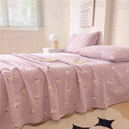 91家纺网 家纺一手货源 找家纺 DoDo 兜兜 2025新款全棉双层纱印花单床单（可定做尺寸） 甜心小兔