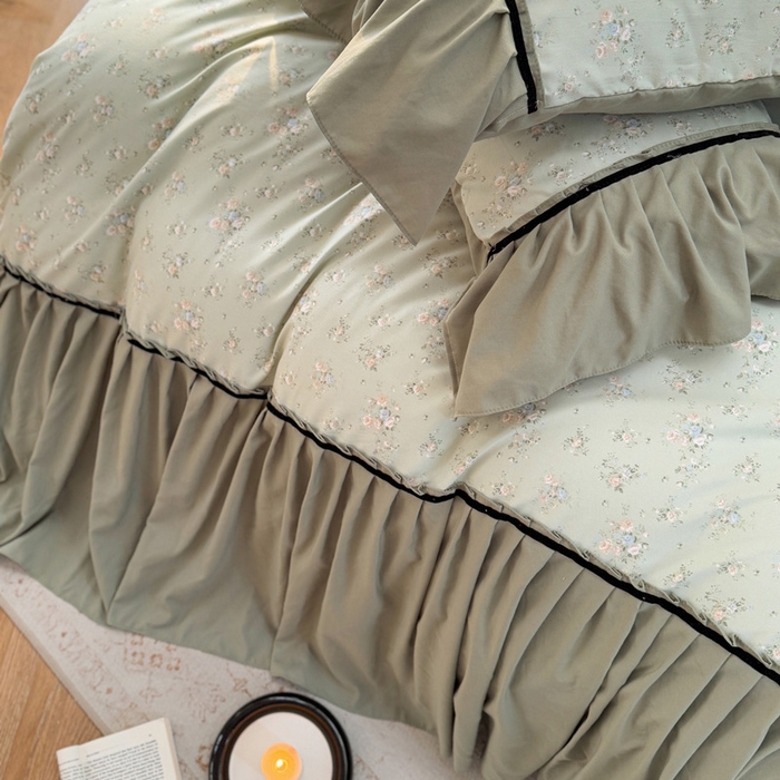 91家纺网 家纺一手货源 找家纺 沐慕 2025新款法式针织双层纱印花系列四件套 绿茶