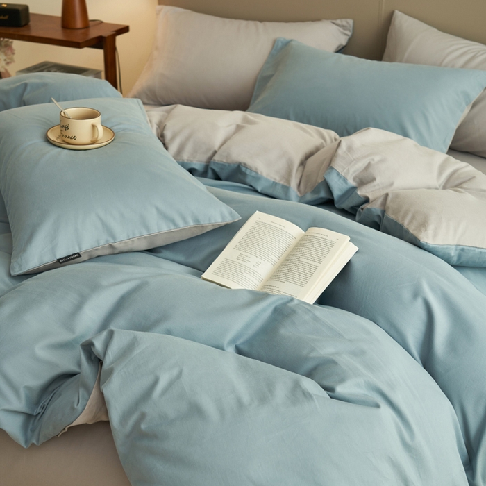 91家纺网 家纺一手货源 找家纺 2025新款全棉13372水洗棉双拼四件套（影棚亮光） 安然蓝+毛毯灰
