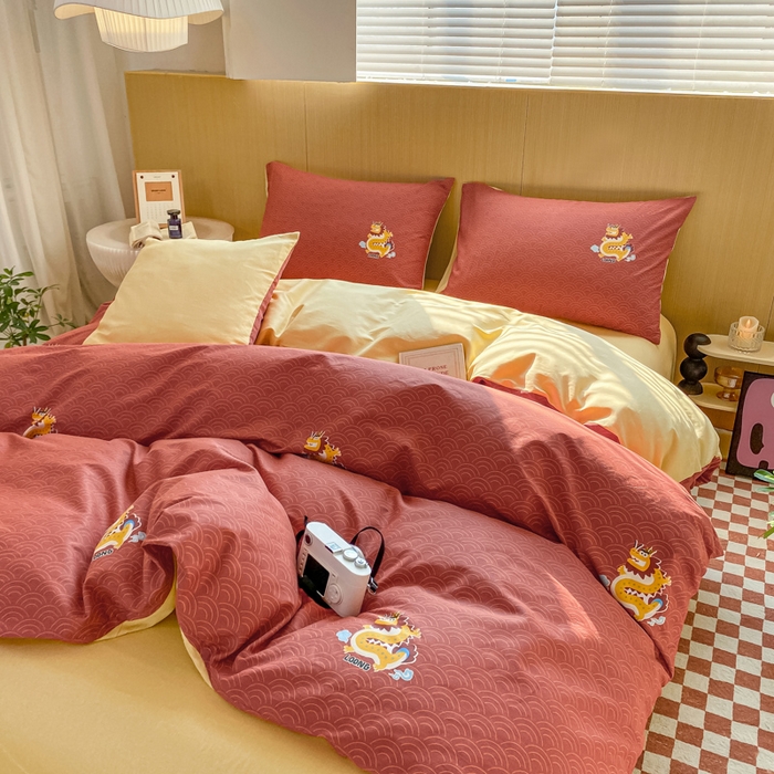 91家纺网 家纺一手货源 找家纺 宜家坊 2025早春新品全棉纯棉喷气13070小清新印花纯棉四件套-风格二 飞龙乘云