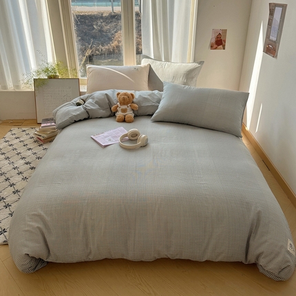 三朵家纺 2025新款全棉双层纱混搭四件套 品小格-黑