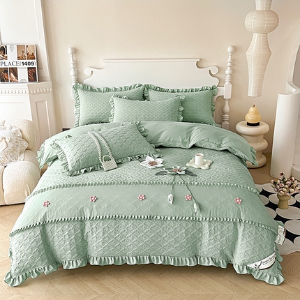 兴美佳家纺 2025新款全加棉泡泡棉亲肤绗缝四件套-爱的家园 爱的家园-浅绿