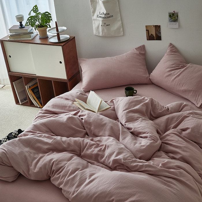 91家纺网 家纺一手货源 找家纺 水洗的故事 2025新款全棉A类皱皱纱纯色混搭四件套 奶杏