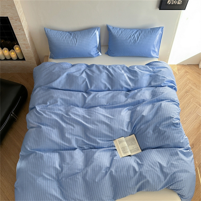 91家纺网 家纺一手货源 找家纺 金丝鸟家纺 2025新款全棉斜纹印花条纹系列四件套及单品 西冷蓝