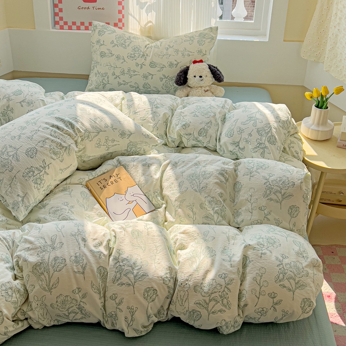 91家纺网 家纺一手货源 找家纺 优选良品 2025新款加厚云感棉双层纱四件套小碎花被套床单床笠款学生三件套新款直播热款 海像森林