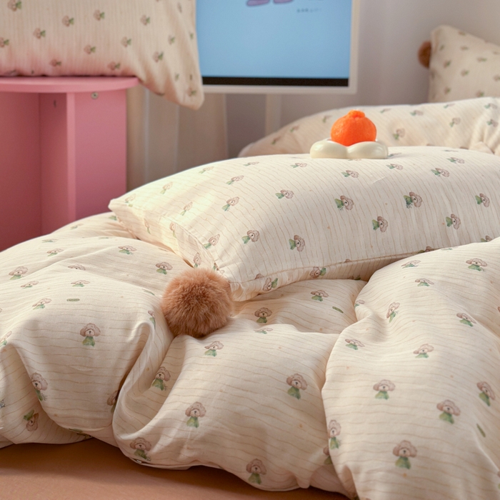 91家纺网 家纺一手货源 找家纺 金爱家 2025新款亲肤舒适纯棉双层纱四件套 双层纱-萌犬日记