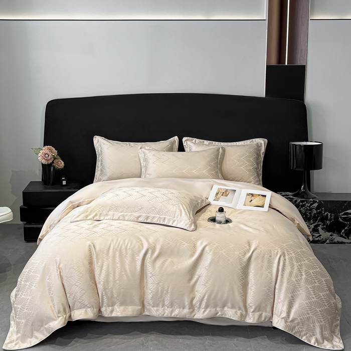 91家纺网 家纺一手货源 找家纺 米彩家纺 2025新款A类水洗真丝天丝提花四件套 小树叶浅香槟