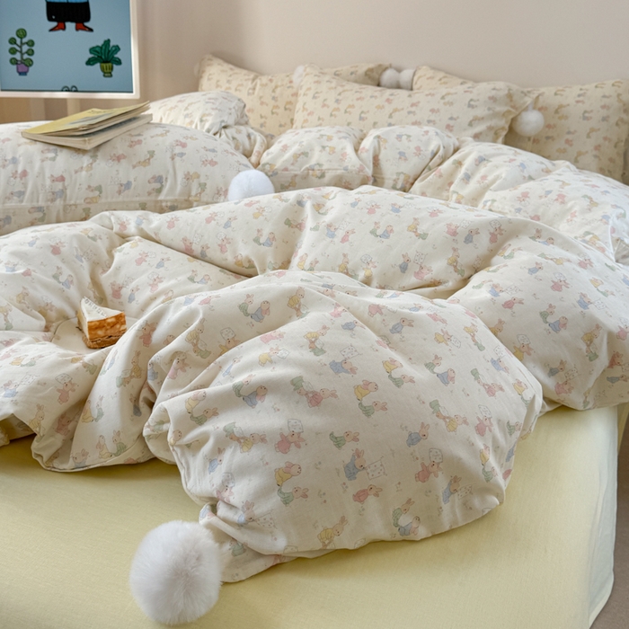 91家纺网 家纺一手货源 找家纺 金爱家 2025新款亲肤舒适纯棉双层纱四件套 双层纱-兔兔好朋友