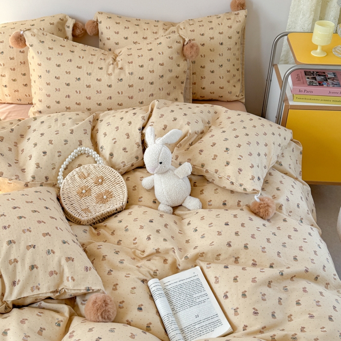 91家纺网 家纺一手货源 找家纺 金爱家 2025新款亲肤舒适纯棉双层纱四件套 双层纱-奶咖小兔