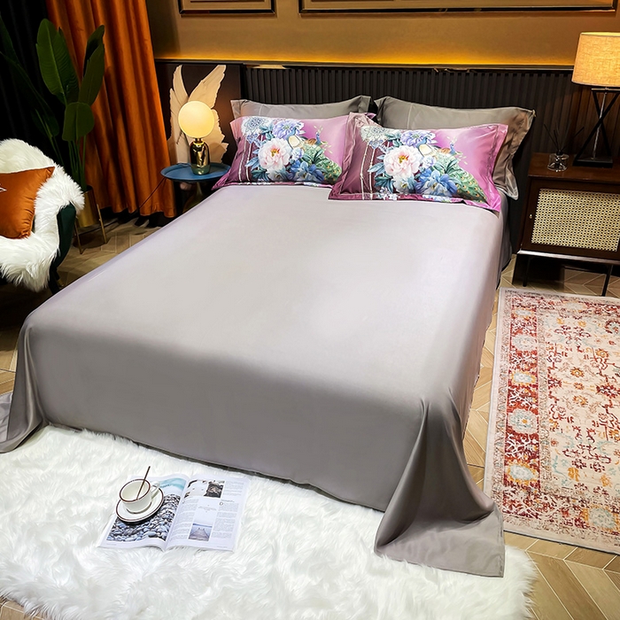 91家纺网 家纺一手货源 找家纺 梵克保罗 2025春夏新款天丝数码大版印花四件套 华尔兹-玫红