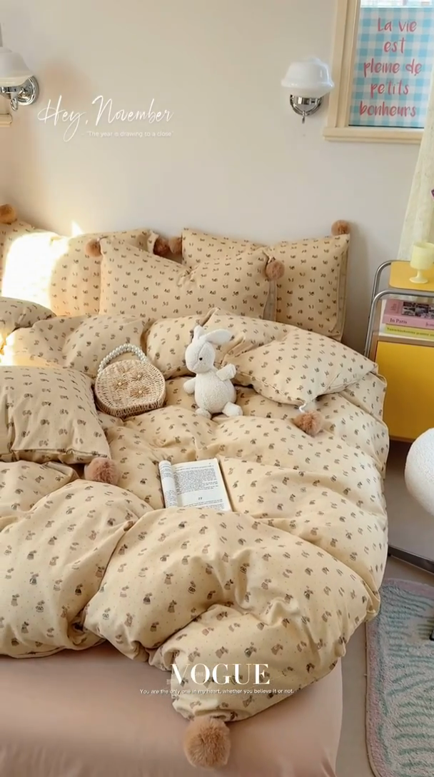 91家纺网 家纺一手货源 找家纺 金爱家 2025新款亲肤舒适纯棉双层纱四件套 双层纱-奶咖小兔