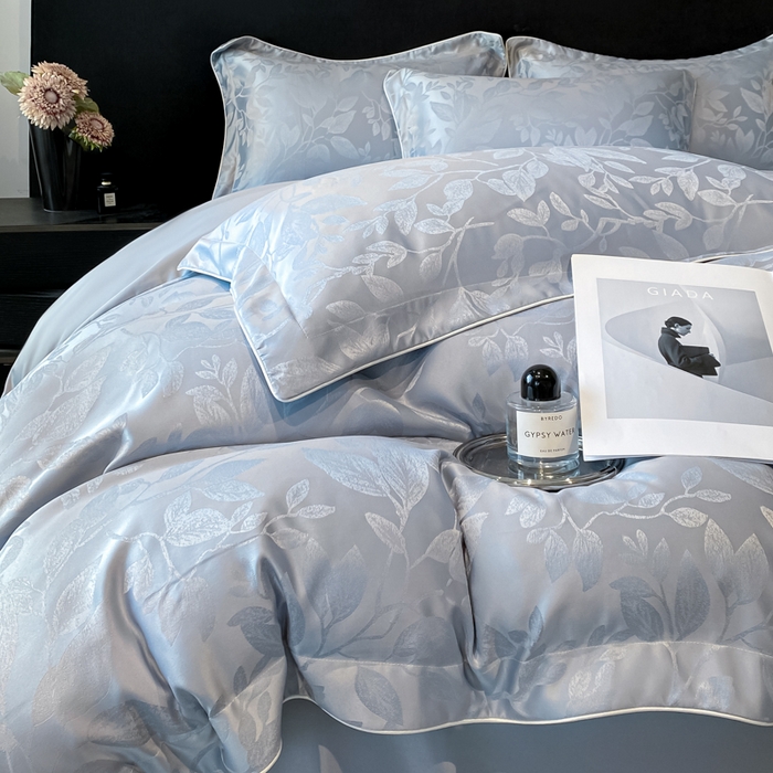 91家纺网 家纺一手货源 找家纺 米彩家纺 2025新款A类水洗真丝天丝提花四件套 叶琉璃浅灰