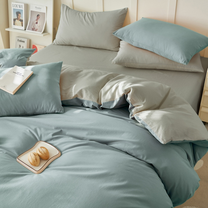 91家纺网 家纺一手货源 找家纺 2025新款全棉13372水洗棉双拼四件套（自然光） 安然蓝+毛毯灰